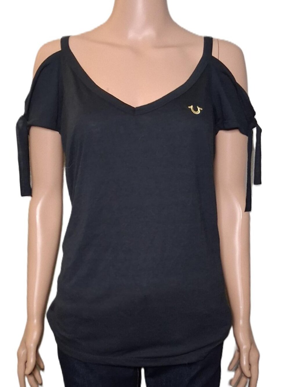 True Religion NWT Black off the shoulder Top V-Neck and Back Woman Gold Logo M